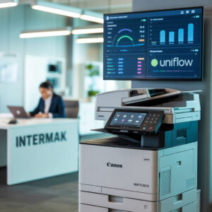 UniFlow çevrimiçi yönetim arayüzünün bir monitörde görüntülendiği Canon çok işlevli yazıcı.