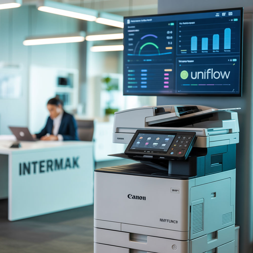 UniFlow çevrimiçi yönetim arayüzünün bir monitörde görüntülendiği Canon çok işlevli yazıcı.