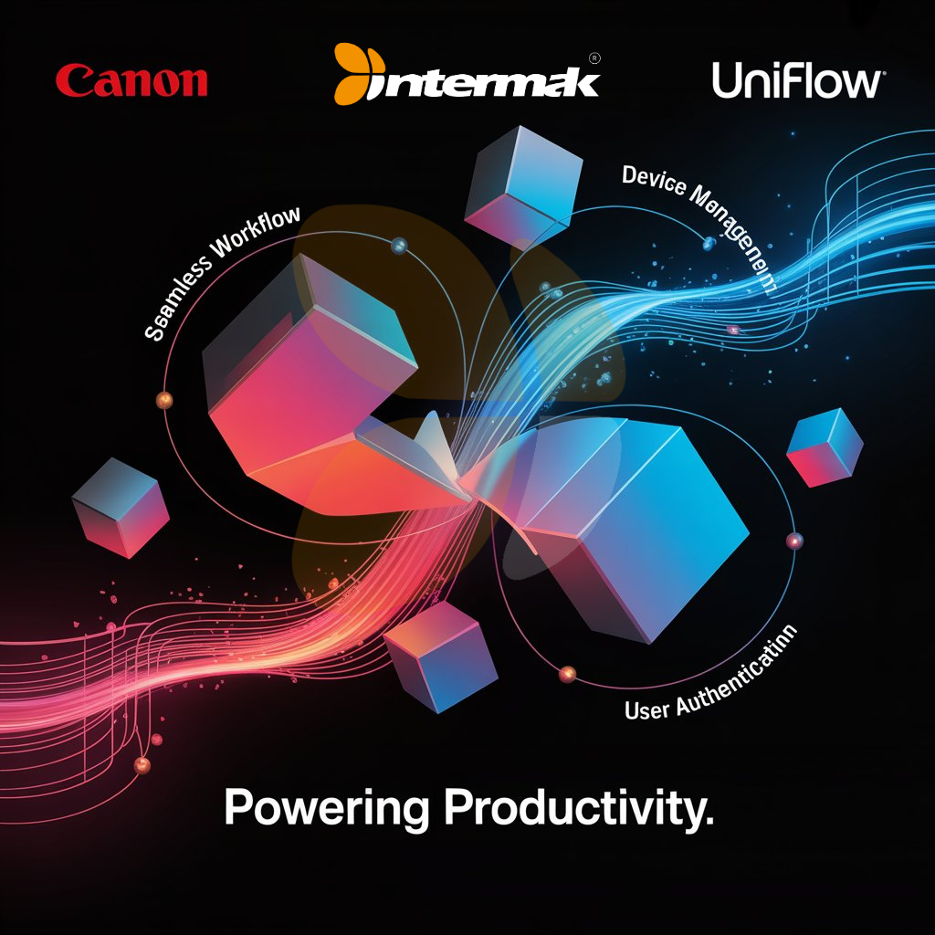 UniFlow'un kusursuz iş akışını, cihaz yönetimini ve kullanıcı kimlik doğrulama özelliklerini gösteren soyut grafik. Üretkenliği Güçlendirme.
