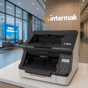 Canon imageFORMULA DR-G2110 yüksek hızlı tarayıcı bir masanın üzerinde.