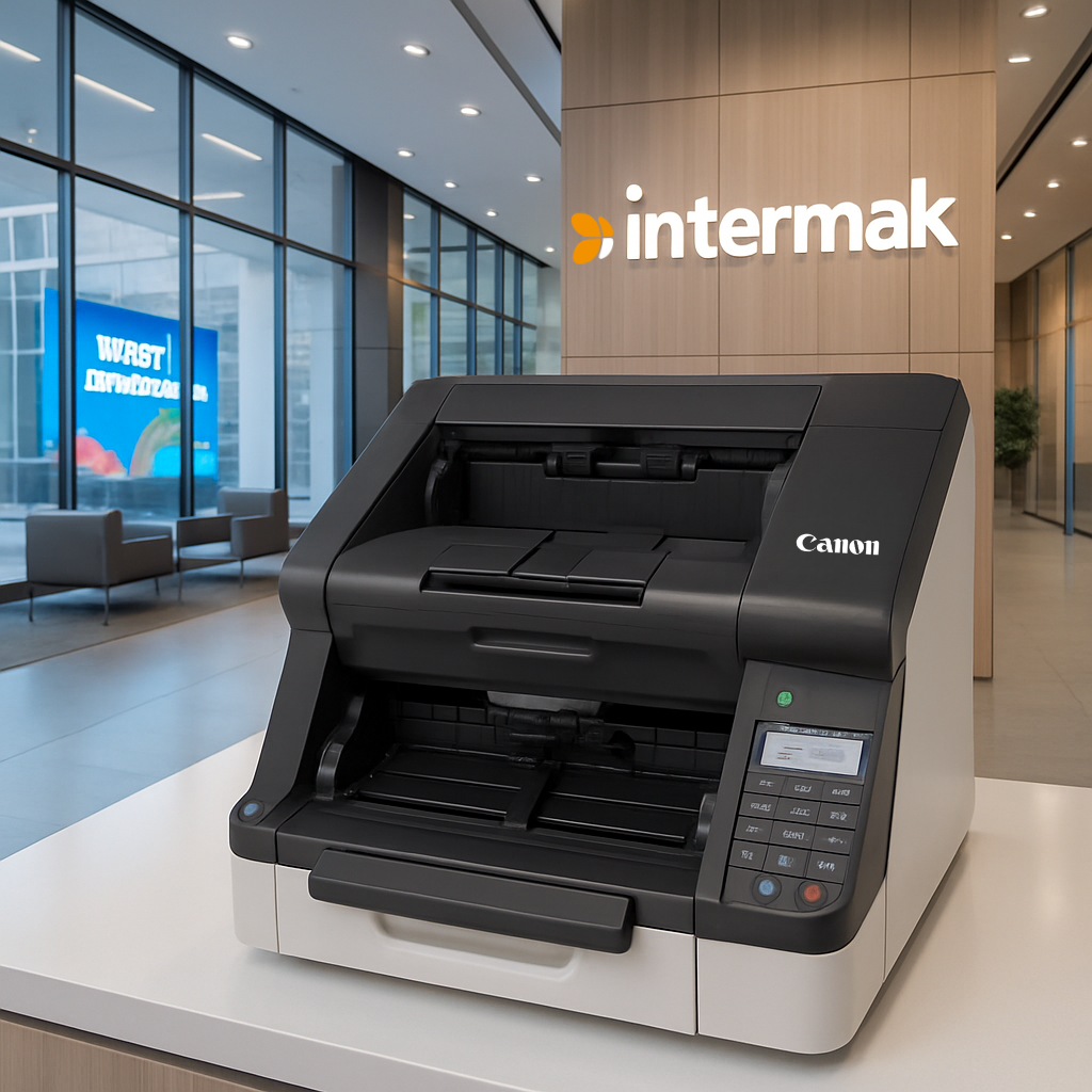 Canon imageFORMULA DR-G2110 yüksek hızlı tarayıcı bir masanın üzerinde.